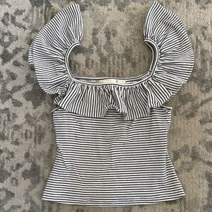 Maeve Black and White Striped Ruffle Blouse